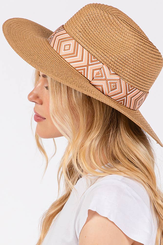 Hana - Wholesale Straw Hat - Women's - Aztec Tribal Pattern Band Straw Summer Sun Hat19