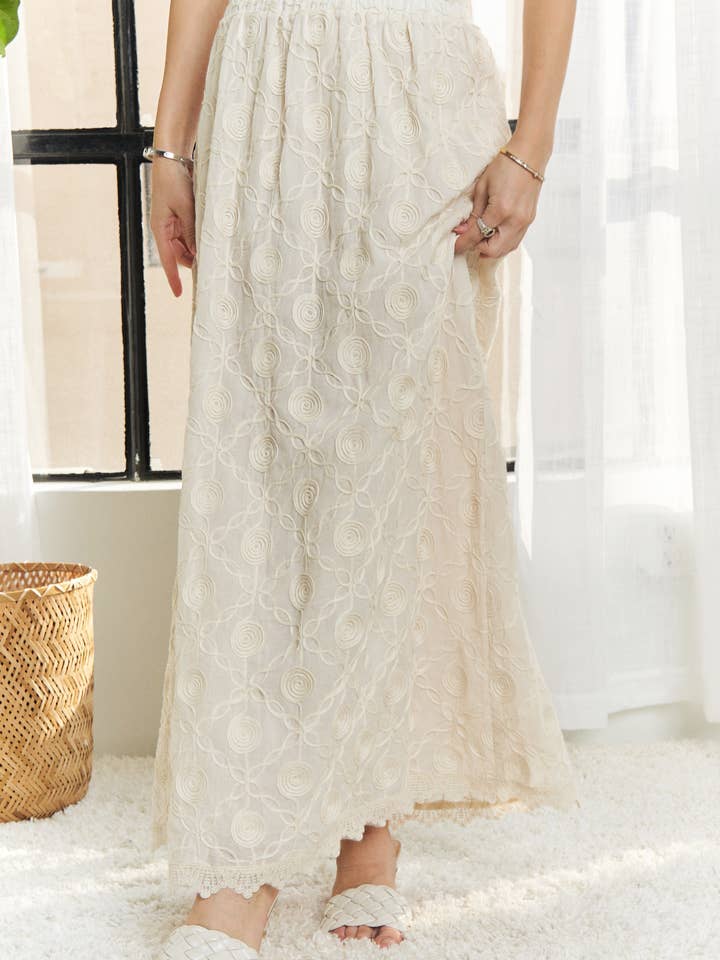BEIGE CES3779WN- ELASTIC WAIST APPLIQUE MAXI SKIRT for wholesale on Faire