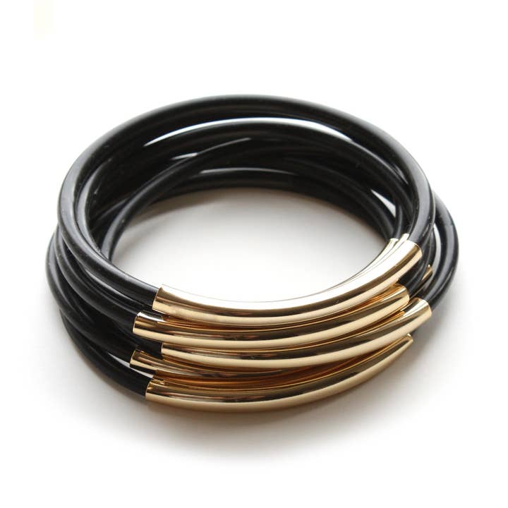 TUBE JELLIES BRACELET STACK IN BLACK WITH GOLD for wholesale by Malibu Jane