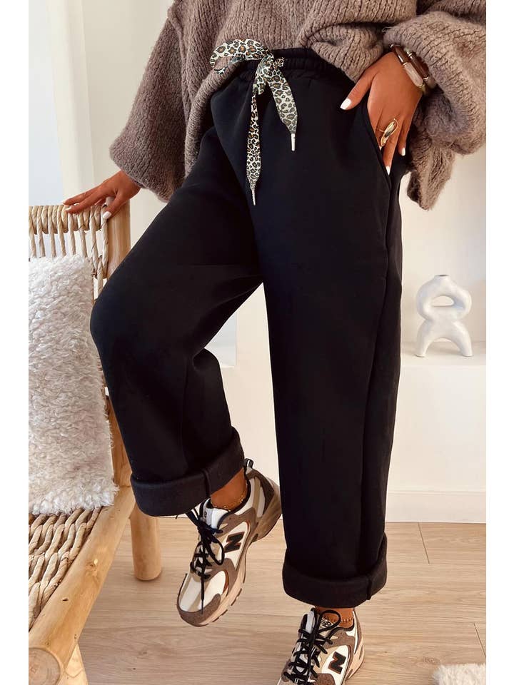 66DISCO - Wholesale Pants - Women's - Fleece Lined Leopard Drawstring Elastic Waist Solid Pants