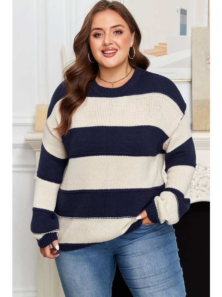 PRETTY BASH - Wholesale Knit Sweater - Women's - Plus Size Stripe Colorblock Drop Shoulder Sweater2