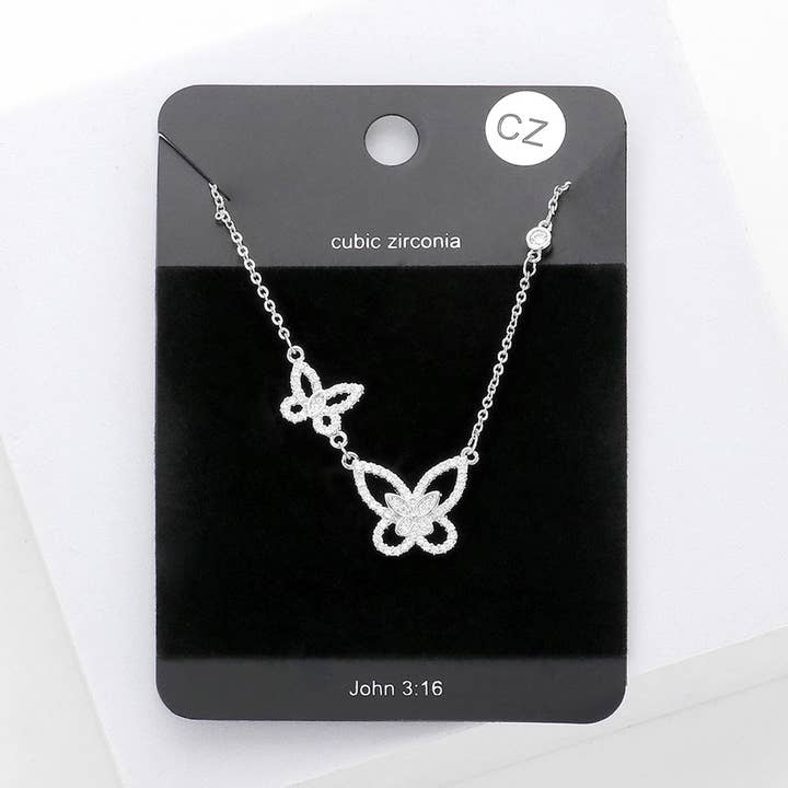 CZ Double Butterfly Link Pendant Necklace for wholesale by Sensibling Corp.