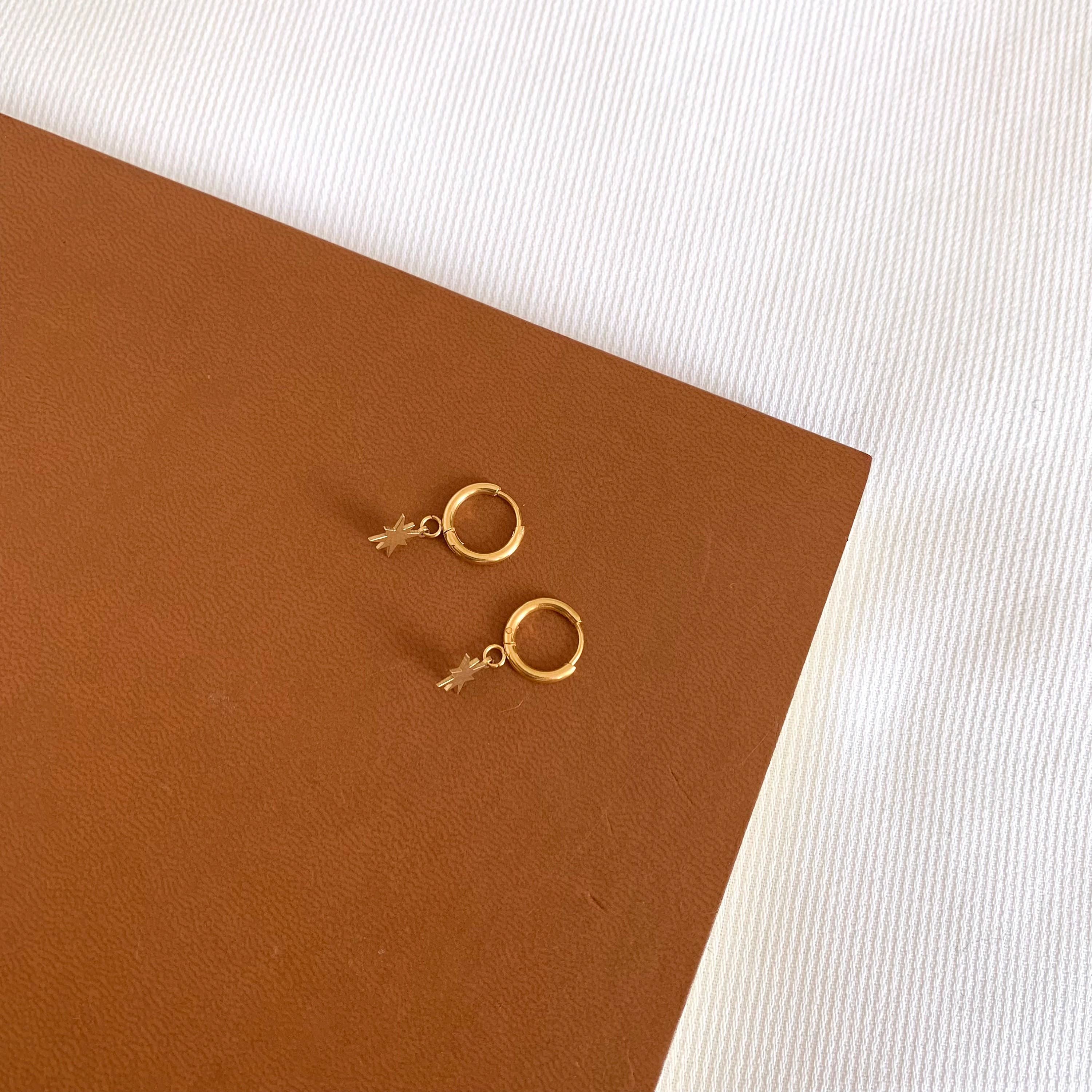 Victoire Collection - Venta al por mayor Pendientes de aro - Pendientes pequeños de aro de acero inoxidable con colgante en forma de estrella2