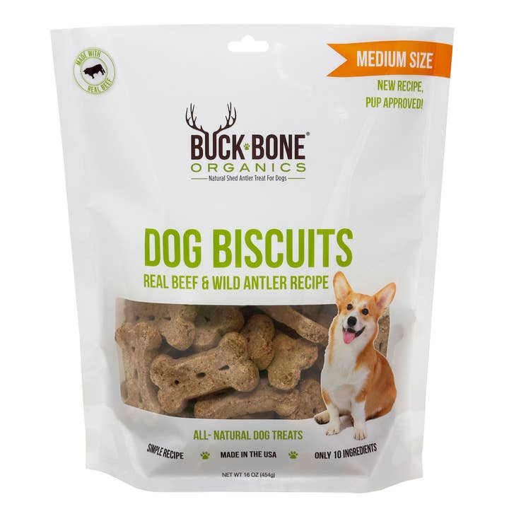 Natural Dog Biscuits made with Antler Powder, 16 OZ Medium for wholesale by Buck Bone Organics