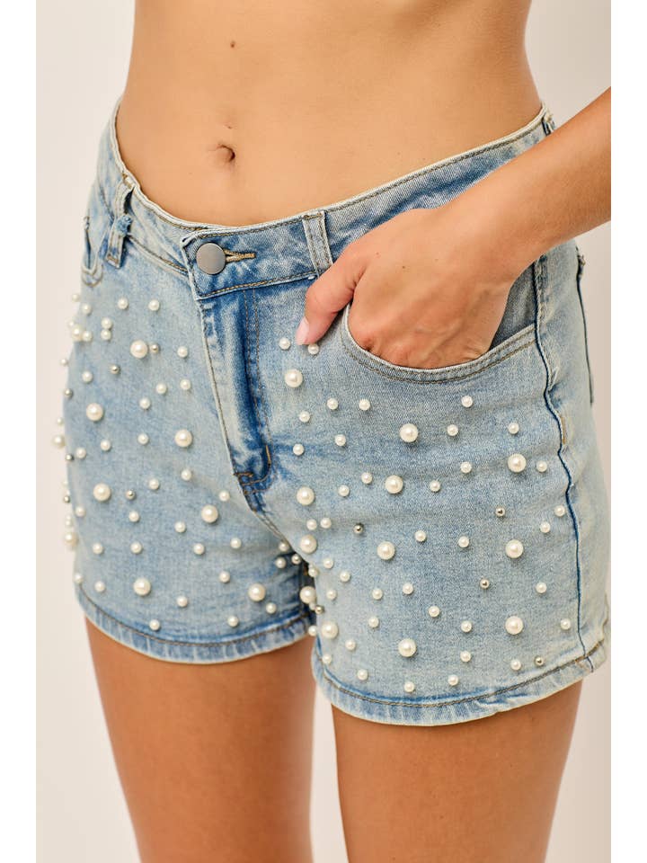 IP3387 Faux pearl-studded Stretch Denim Shorts for wholesale by KIWI