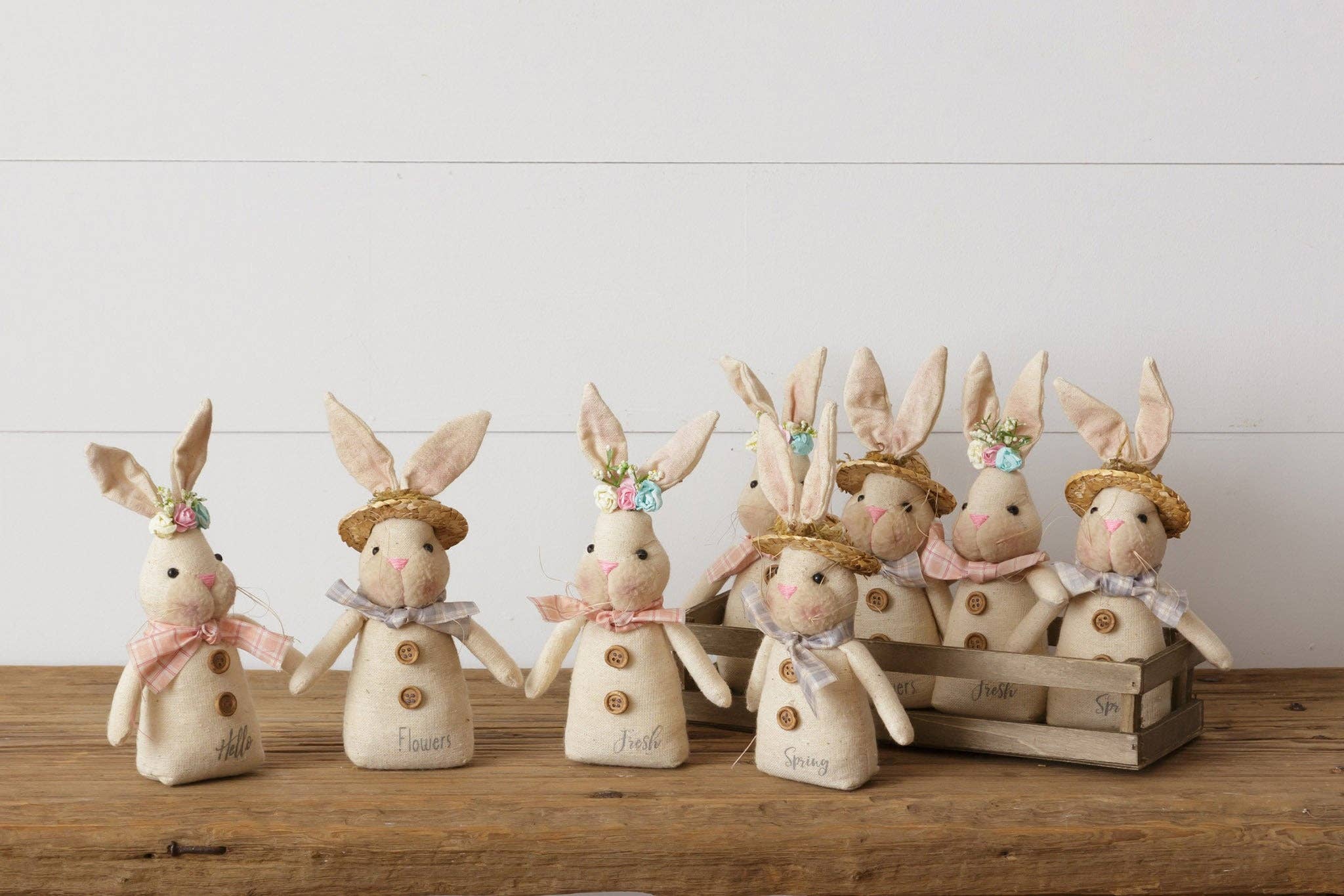 Audrey's Home & Gift - Vente Décorations de table - Caisse de 8 lapins expressions printanières (Pk/08 assortis)1