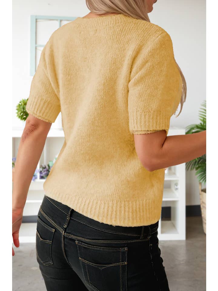 Yellow Women's Floral Embroidered Short Sleeve Sweater (S-XL) for wholesale on Faire