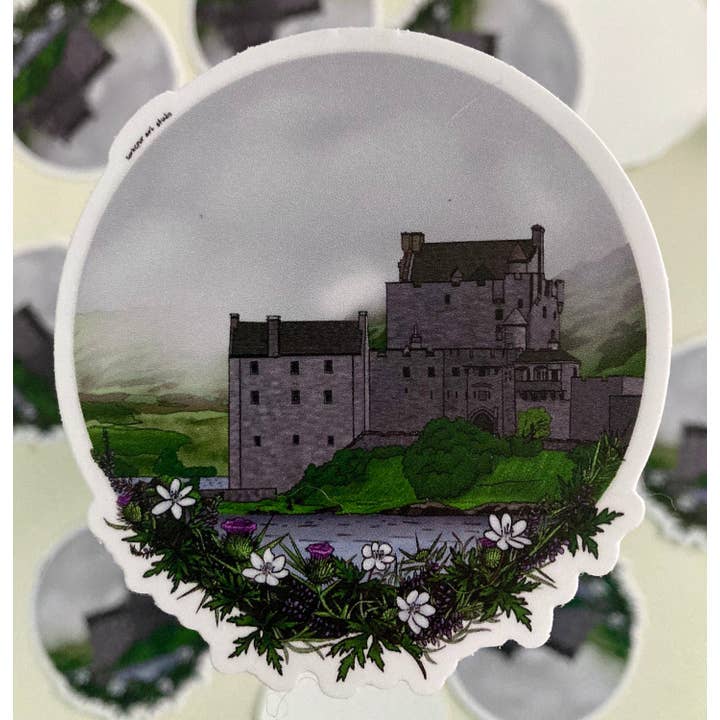 Sticker Château médiéval brumeux pour la vente par Larkspur Art Studio