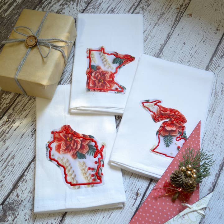 LIMITED Winter Poinsettia State Towel Embroidered-Raggy edge for wholesale by SewMuchMoreStore