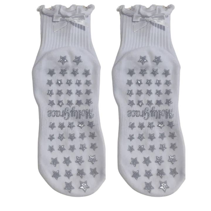 White ruffle bow grip sock with silver star glitter grips  for wholesale by MollyGraceGripSocks