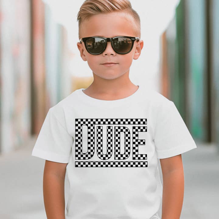 Camiseta blanca a cuadros en blanco y negro «Dude» para niños para venta al por mayor de AvaryMaeInspirations