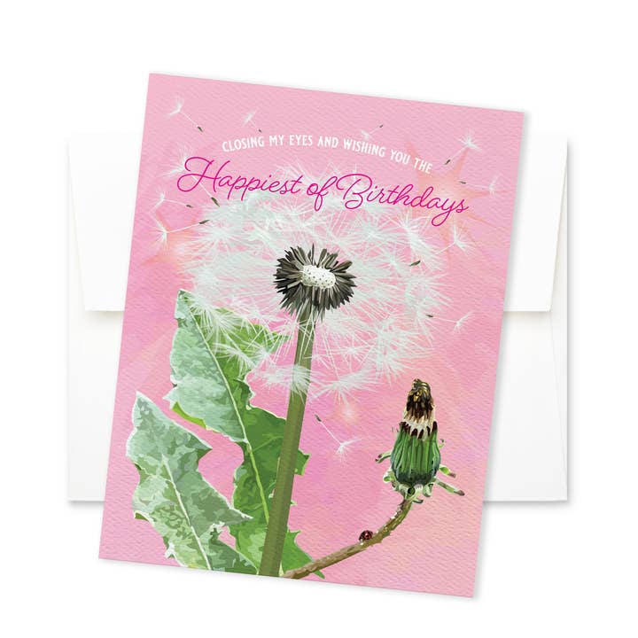 Birthday Card | Make a Wish Dandelion on Pink for wholesale by The Red Barn Press