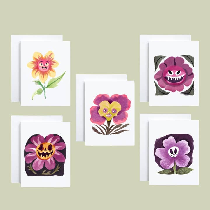 Set Of 5 Whimsical Flower Creepy Forest Halloween Cards for wholesale by Cryptic Paper Co.