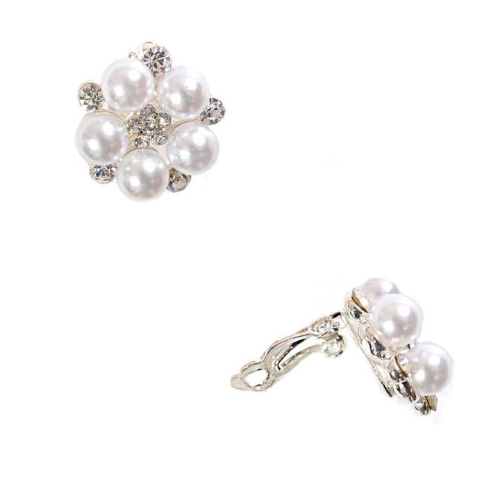 Silver Crystal & Pearl Flower Clip Earrings for wholesale by Cool Crystals
