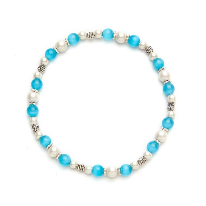 Light Blue Cat's Eye White Magnetic Stretch Anklet for wholesale by Magnehealth