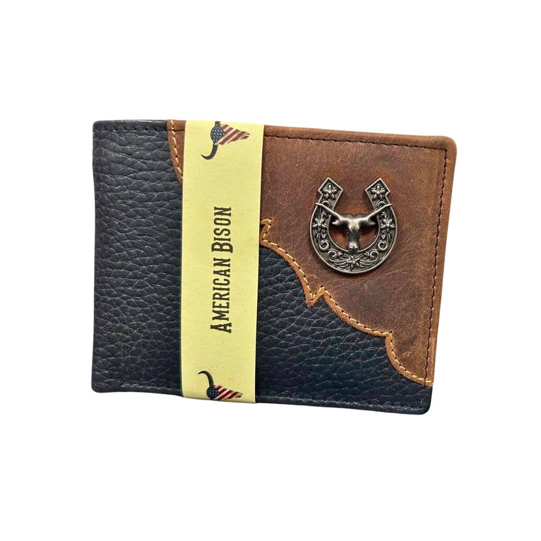 Leather Impressions Inc - Wholesale Wallet - Men's - Mixed Media Two Tone Bifold Rodeo Wallet w/ Medallion AB19171