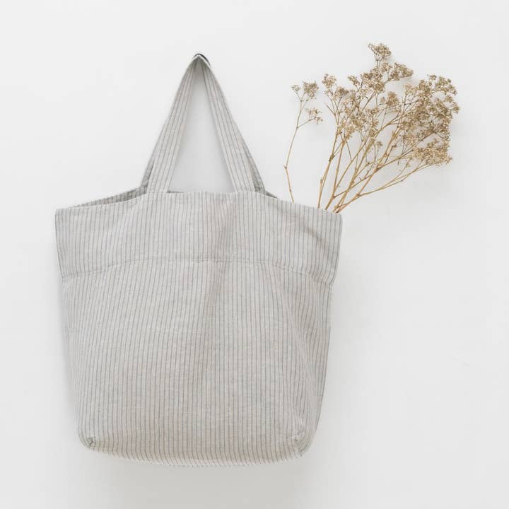 Linen Tales (We cover U.S. import duties) - Wholesale Tote Bag - Women's - Grey Blue Pinstripe Rustic Linen Big Bag0
