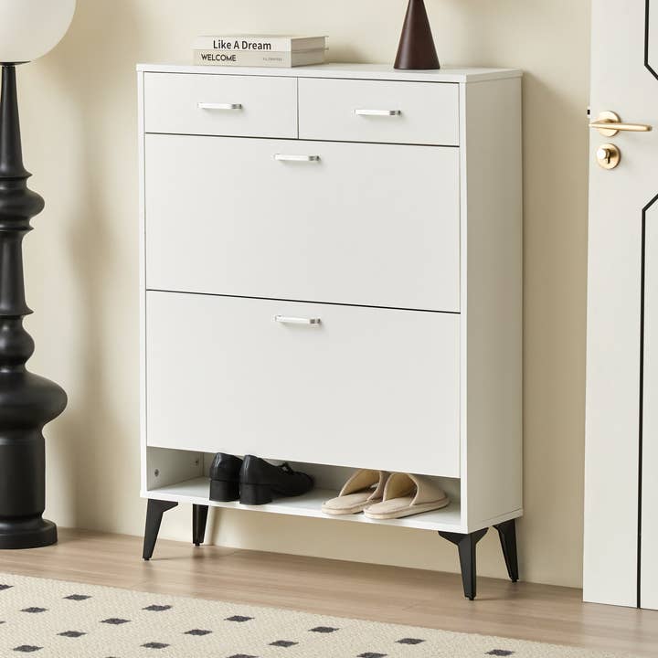 Large Size Shoe Cabinet,Free Standing Tipping Bucket Shoe Rack Organizer With 2 Flip Drawers&2 Drawer,Modern Tipping Bucket For Entryway, Hallway, Bedroom White White Mdf for wholesale by Orange County Decor