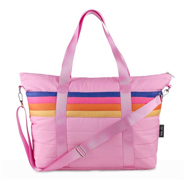 Top Trenz Inc - Wholesale Tote Bag - Women's - Pink Puffer Tote Bag Retro Stripe