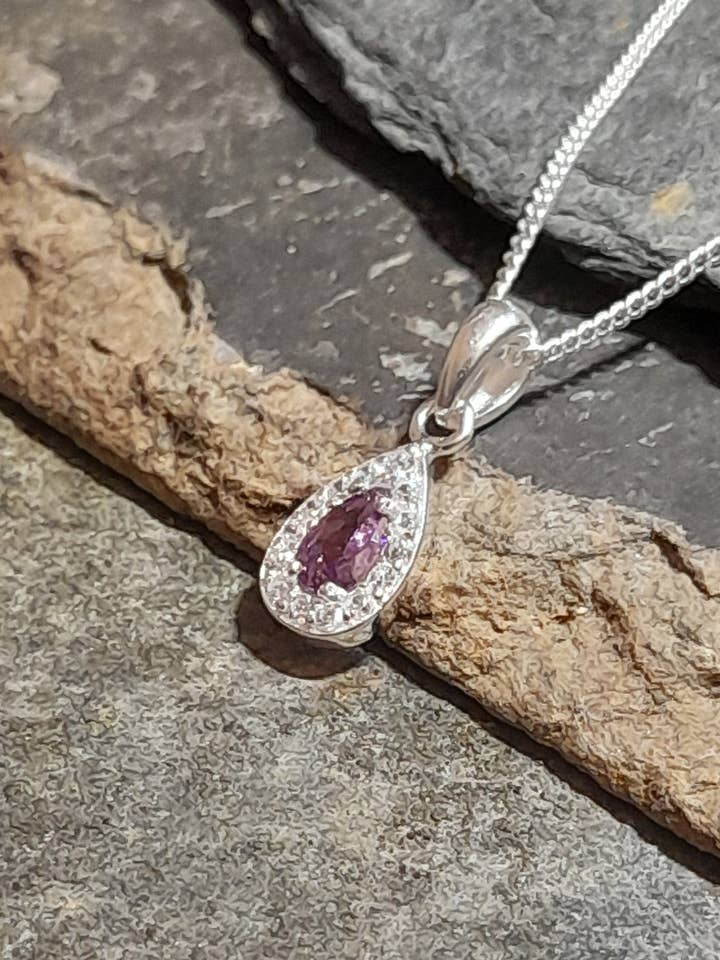 SP382BC - TEARDROP PURPLE/CLEAR CZ PENDANT 9X5MM for wholesale by Bluelily925silver