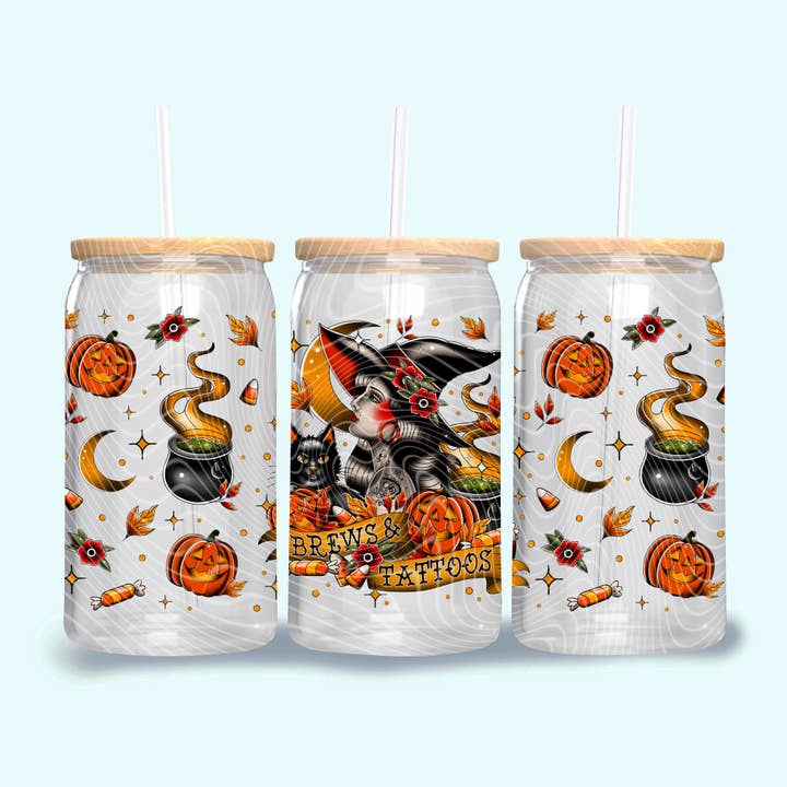 Brews and Tattoos| 16 oz Libbey Glass Can | Snow Globe Tumbler Upgrade | Fast Shipping for wholesale by Red Dirt Transfers