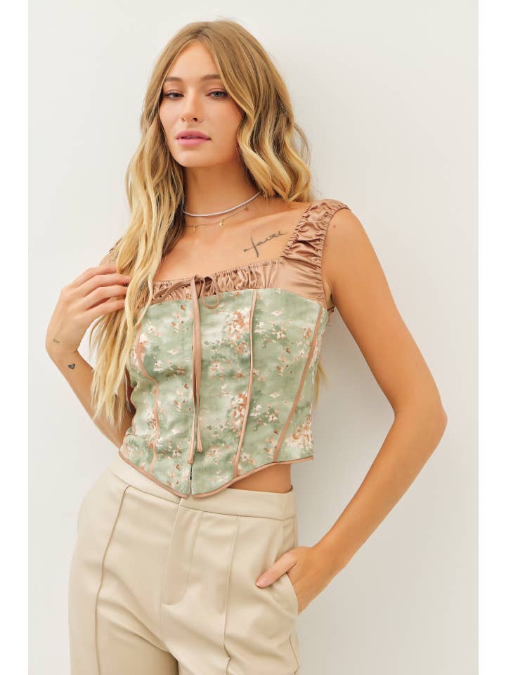 OLIVE ELEGANT FLORAL SATIN COLOR-BLOCK BUSTIER TOP for wholesale on Faire