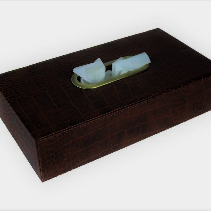 Scatola in tessuto di coccodrillo marrone scuro, fazzoletti cosmetici in pelle per la vendita all'ingrosso da parte di Signature Home Collection GmbH