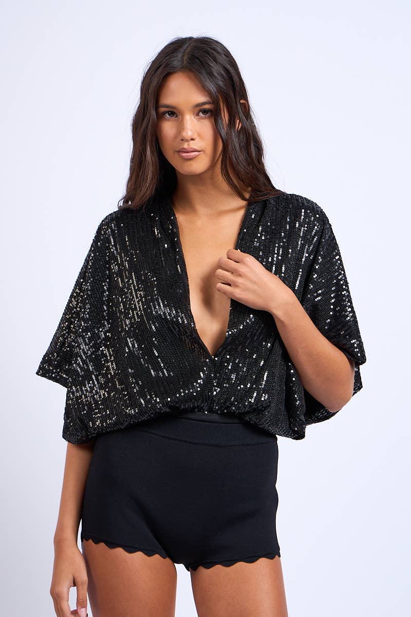 Sky to Moon - Wholesale Bodysuit - Women's - SEQUIN GLITTER PLUNGING NECK HALF SLEEVE BODYSUIT