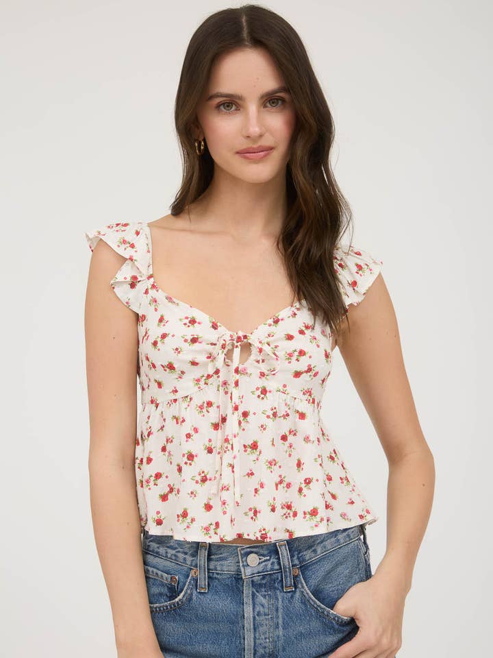 Blu Pepper - Wholesale Blouse - Women's - FLORAL CLIP DOT FRONT TIE WITH CUT-OUT CROP TOP9