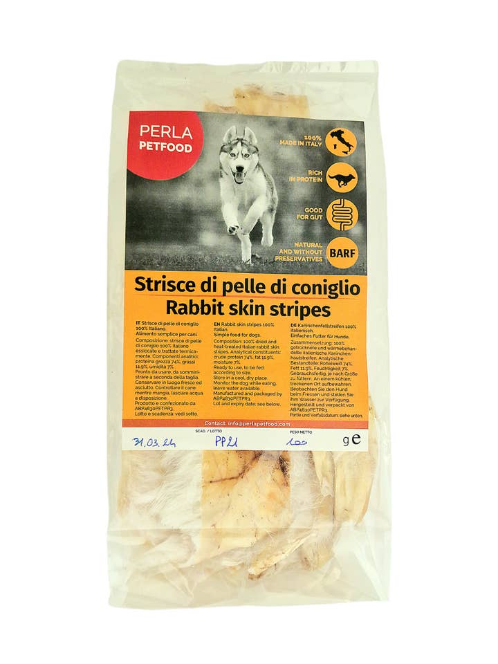 Snack BARF Kaninchenhautstreifen 100% Made in Italy. für den Großhandel von Perla PetFood