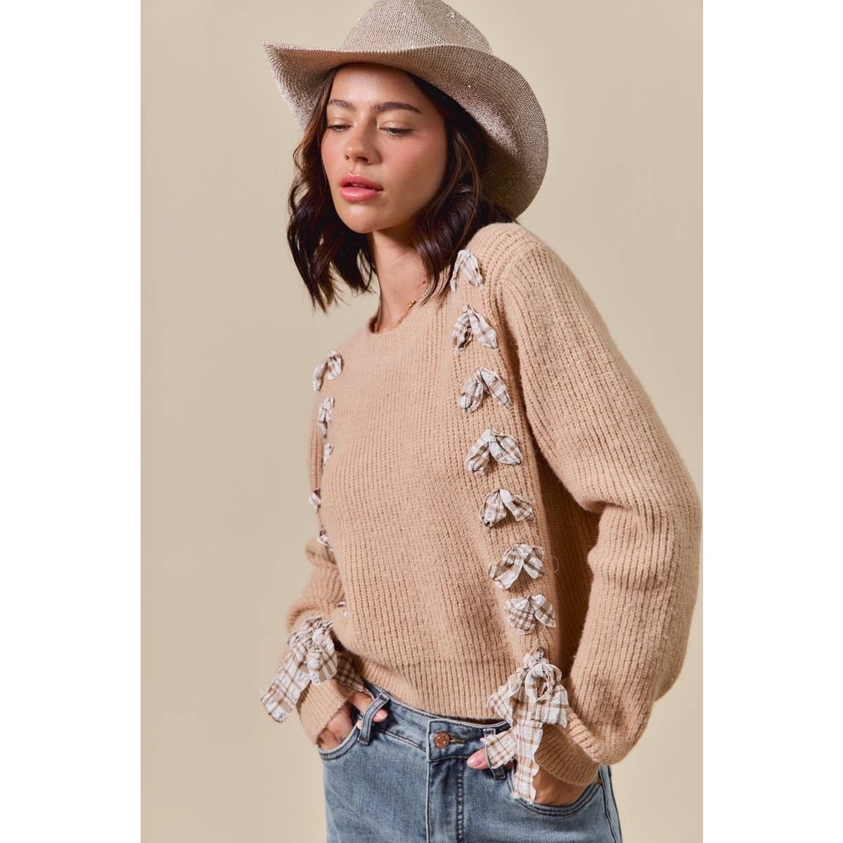 IVE - Wholesale Knit Sweater - Women's - Checkered Plaid Tape Lace Up Sweater Top5