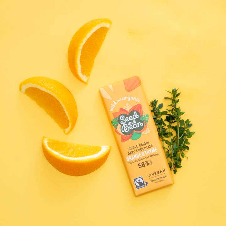 Seed & Bean - Wholesale Chocolate Bar - ORANGE & THYME DARK VEGAN CHOCOLATE MINI BAR 25G (58% COCOA)