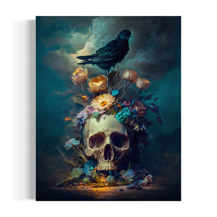 Skull With Flowers and Raven Art Print RD316 for wholesale by Salty Alyce