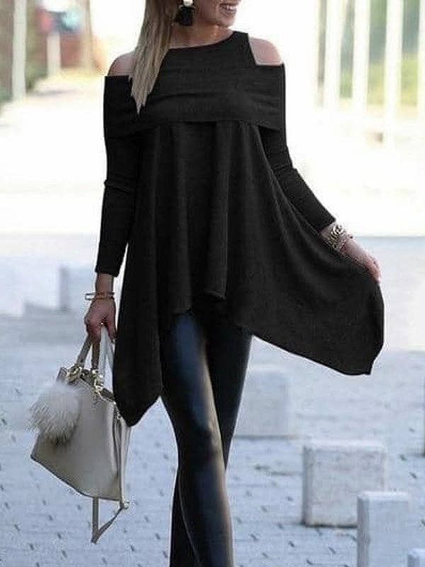 Plush Looks – Großhandel Tunika – Damen – Einfache, lockere, hohle, einfarbige T-Shirts mit kalter Schulter1