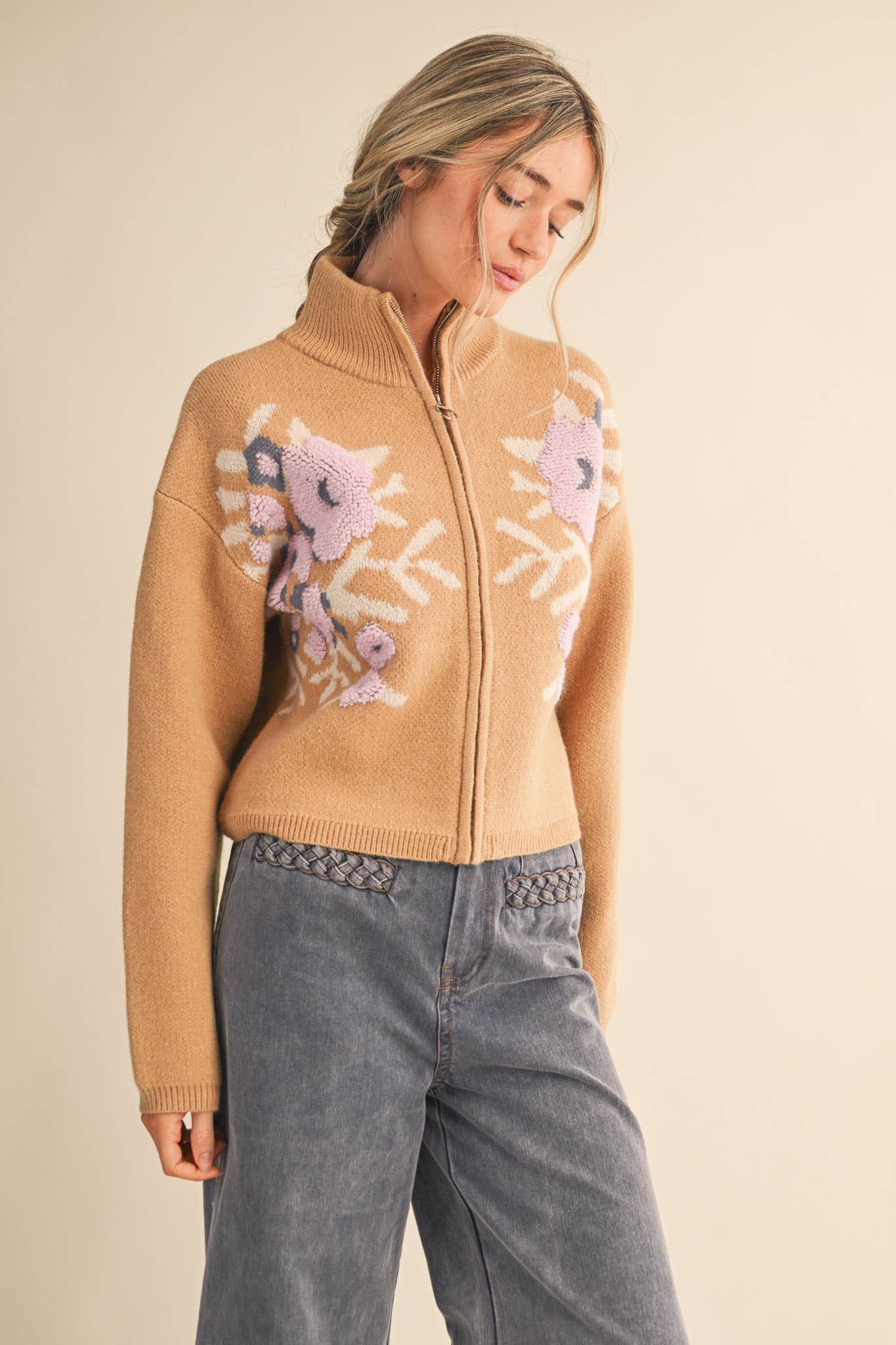 &MERCI - Wholesale Cardigan - Women's - FLORAL ZIP UP SWEATER CARDIGAN MSW1118831