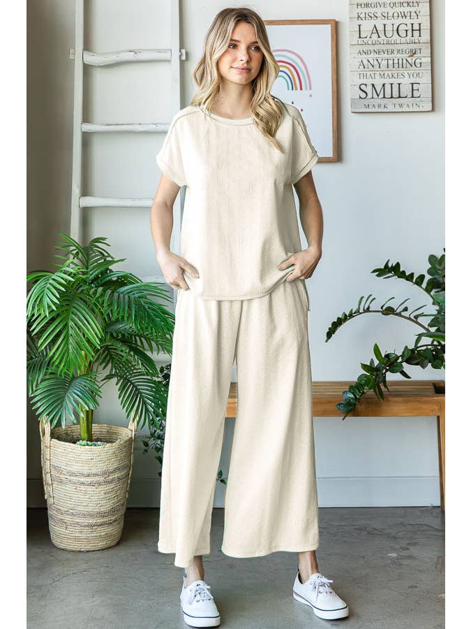 7th Ray - Wholesale Loungeset - Dames - Stevige Getextureerde Korte Mouw Wijde Pijpen Broek Lounge Set TP550415