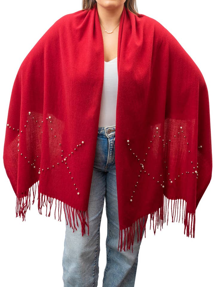 Jessica McClintock Pearl-Embellished Brushed Scarf with Fringe Edges for wholesale by Magid