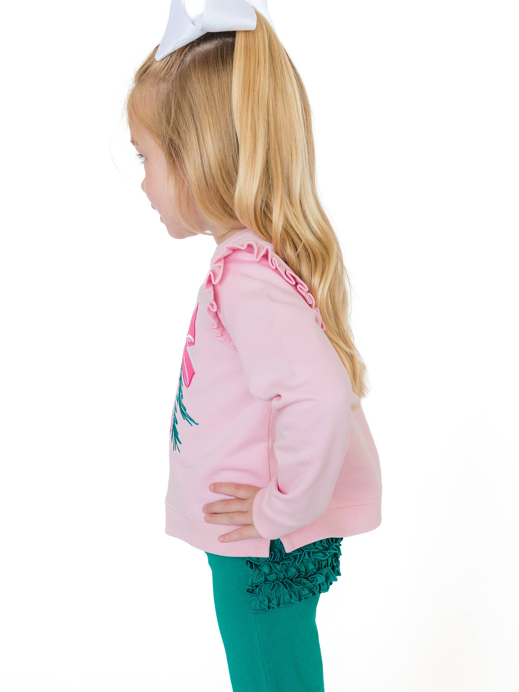 Girls Pink Mistletoe Bow Applique Flutter Sweatshirt for wholesale on Faire1