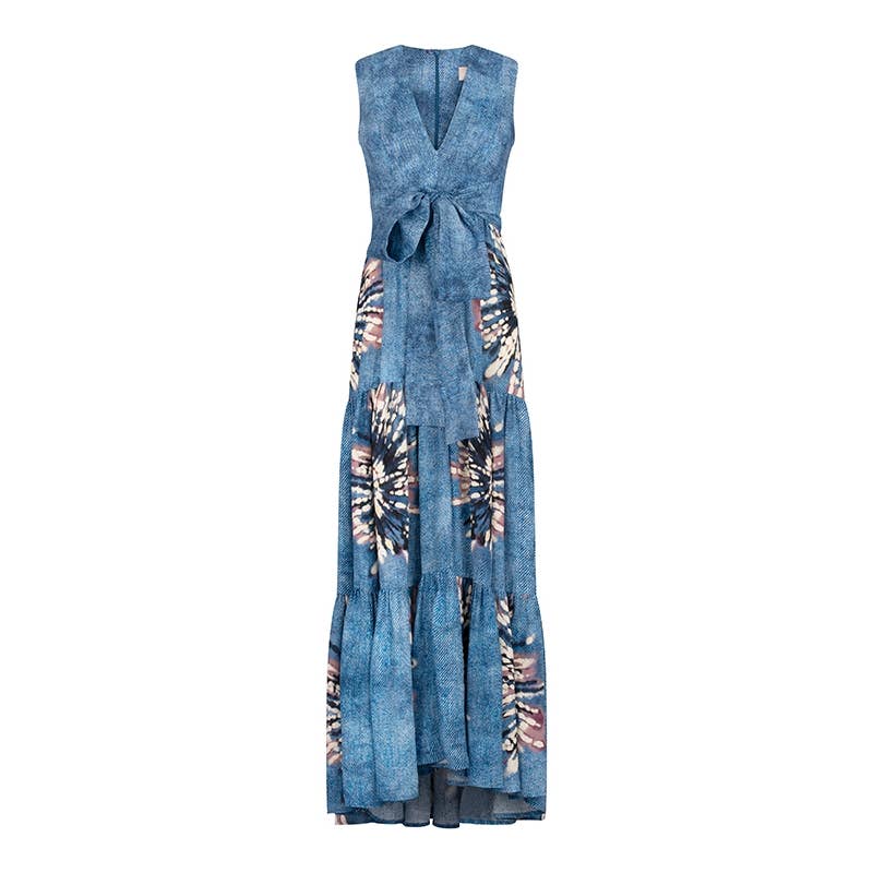BLUE Stylish Shirley Printed Linen Plung Maxi Dress for wholesale on Faire0