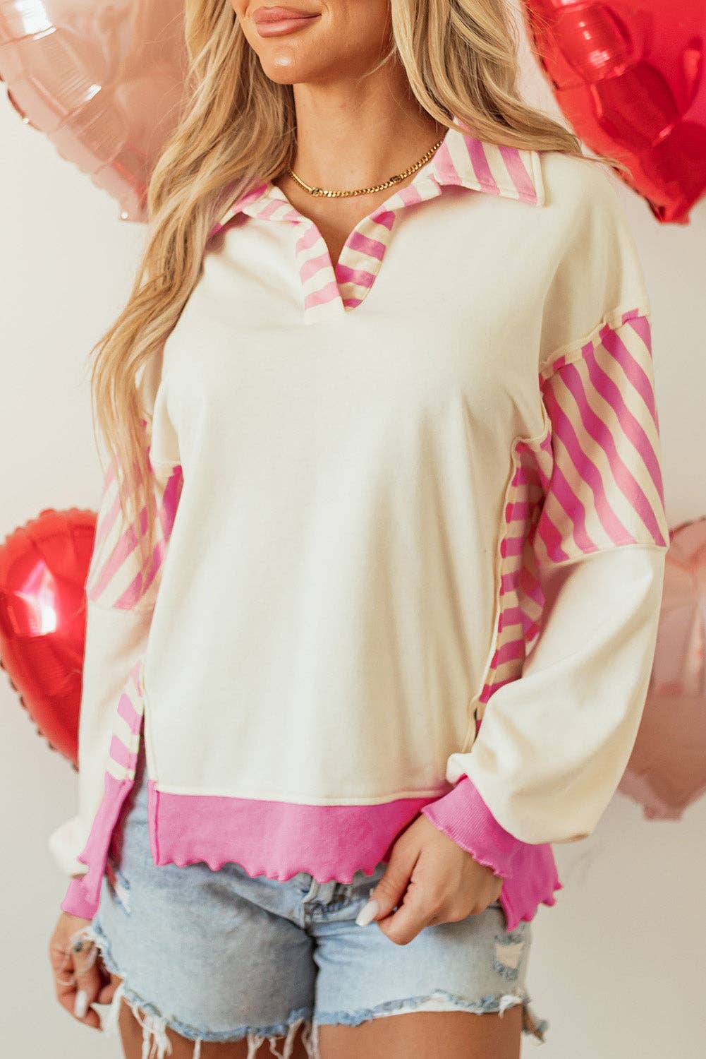 Pink Stripe Juliana Patchwork Terry Knit Top for wholesale on Faire12