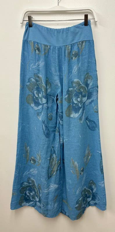 VENTI6 - Wholesale Pants - Women's - PANSY FLORAL PRINT WIDE LEG LINEN PANTS-(8730-PANSY-SKY BLU)1