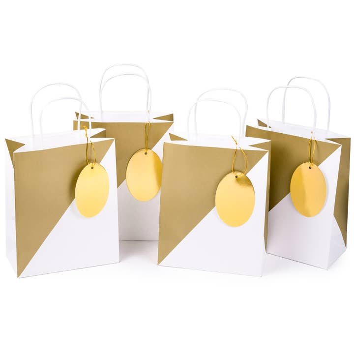 8 Pack 6" Gift Bags with Handles - Gold & White for wholesale by Wrapaholic Gifts & Packing Company