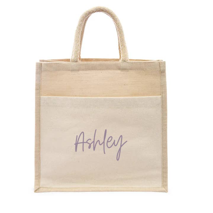 Weddingstar Inc. - Wholesale Tote Bag - Women's - Medium Woven Jute Tote Bag With Pocket - Script Font5