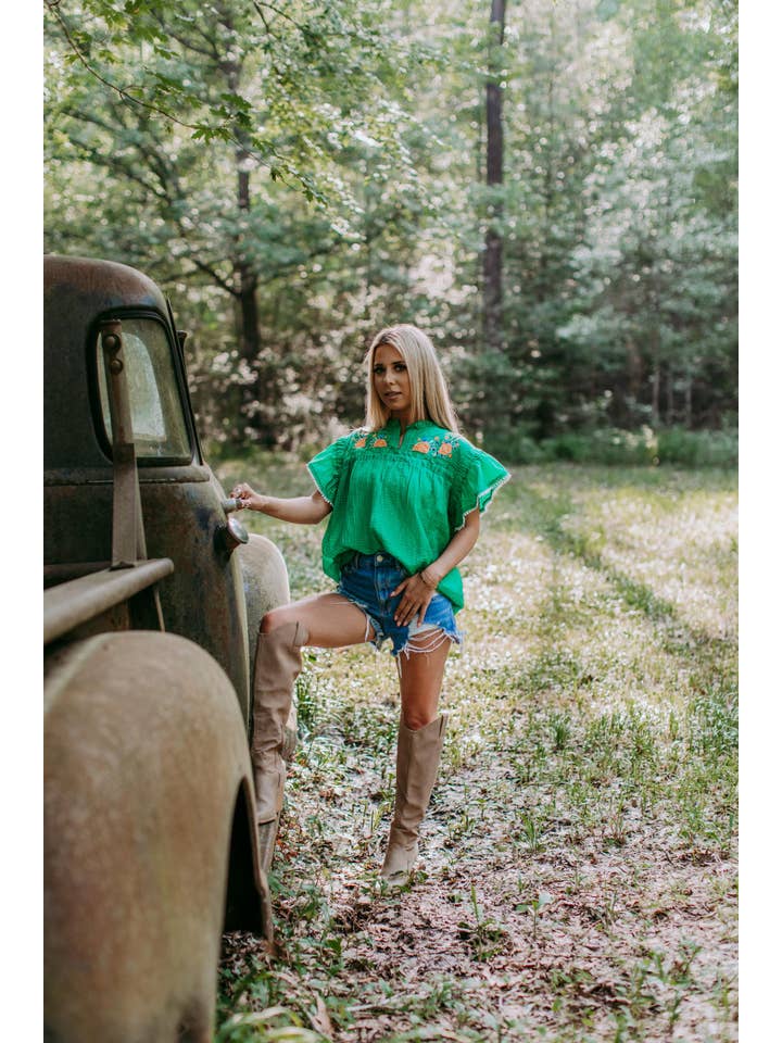 Green MK377 Embroidered Flutter Sleeve Puebla Top for wholesale on Faire