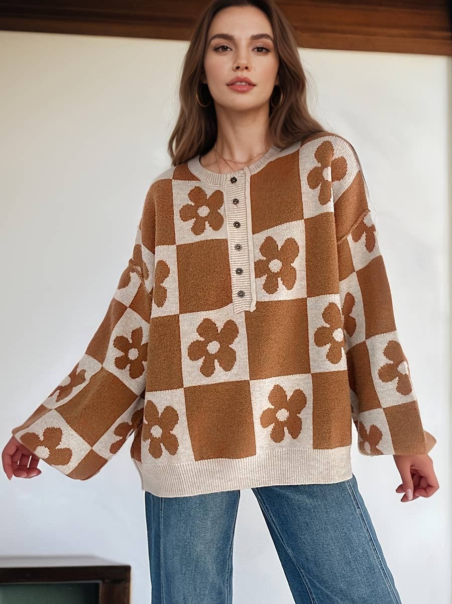 PartyEight - Wholesale Knit Sweater - Women's - Flower Plaid Henley Baggy Sweater10