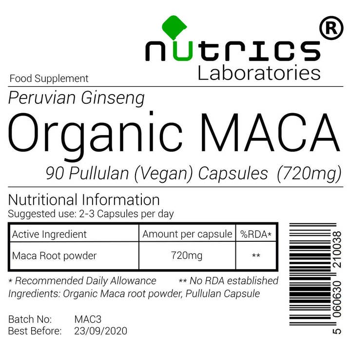 NUTRICS SUPERFOOD - Venta al por mayor Suplementos/vitaminas para beber - Raíz de maca orgánica Nutrics® 720 mg x 90 cápsulas veganas1