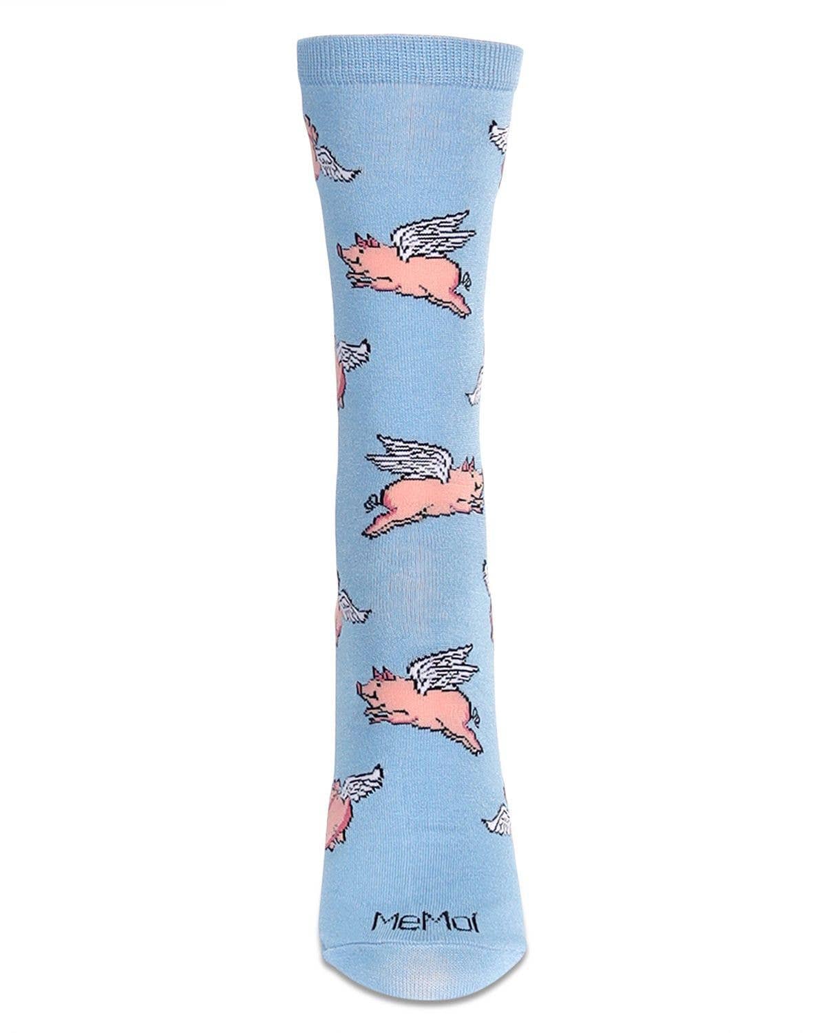 Light Blue Women's Flying Pigs Bamboo Crew Socks for wholesale on Faire1