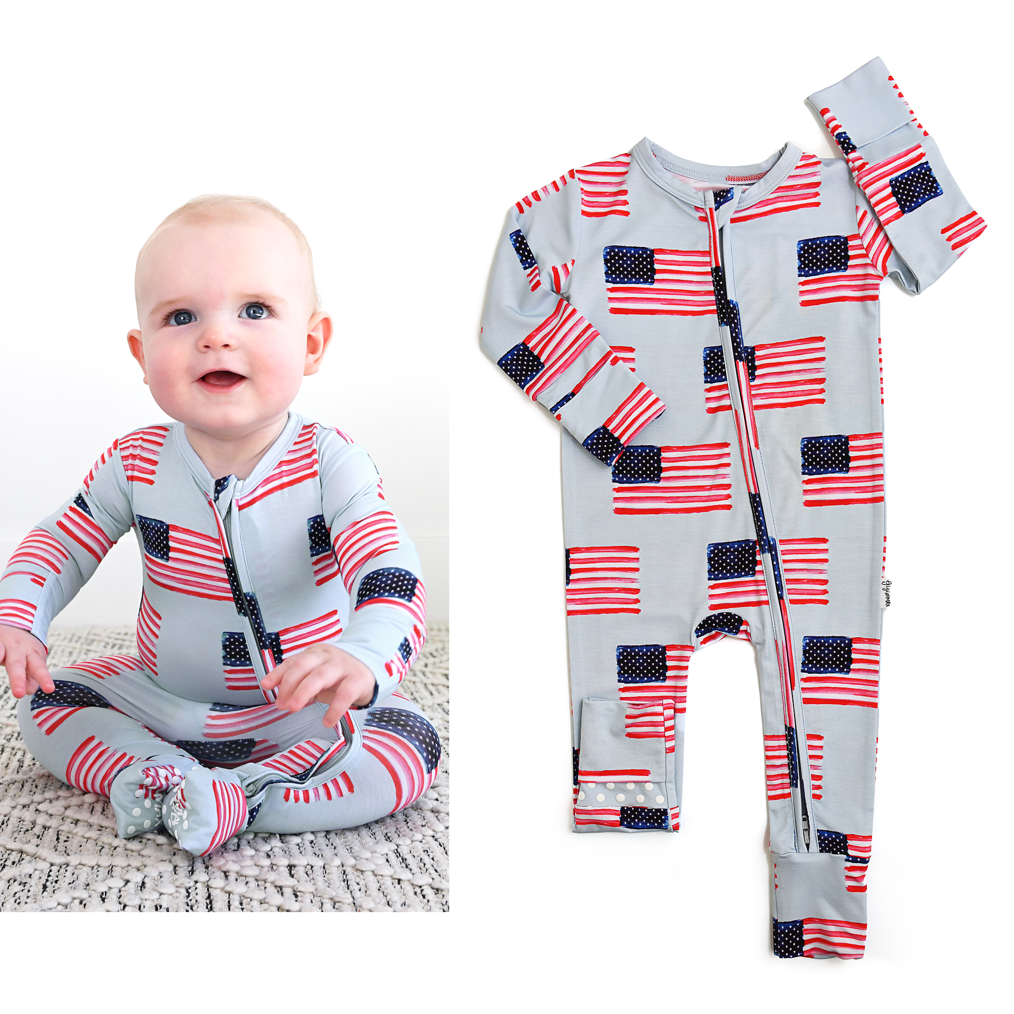 Gigi and Max - Wholesale Jumpsuit - Baby - George Blue Flag Zip Bamboo Flag 4th of July 8