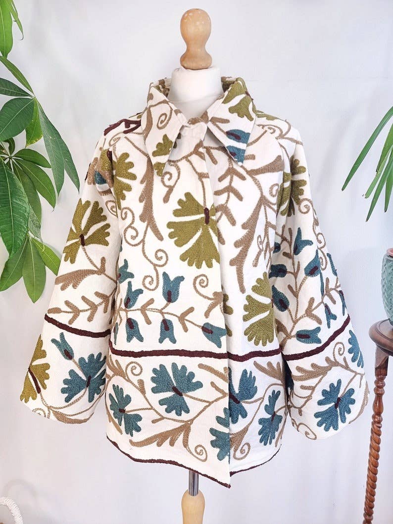 Essential Designs London – wholesale Jacket – Women's – Suzani Hand Embroidered Short Jacket | Autumn Winter Boho Uzbek Kashmir Crewel | Christmas Special Gift | Classic ElegantWhite Olive Teal2