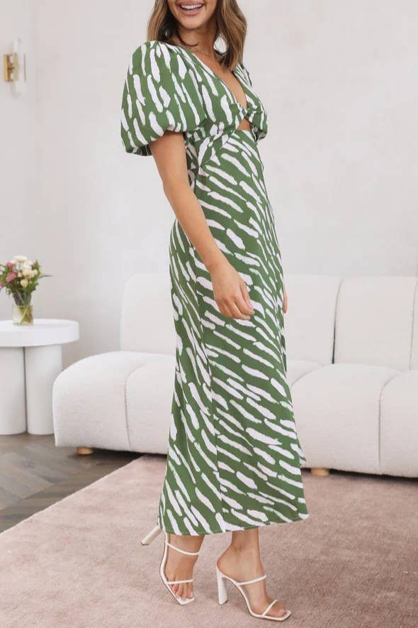 Rosa Clothing - Wholesale Dress - Women's - zebra print plunge twist front cutout puff sleeve dress1